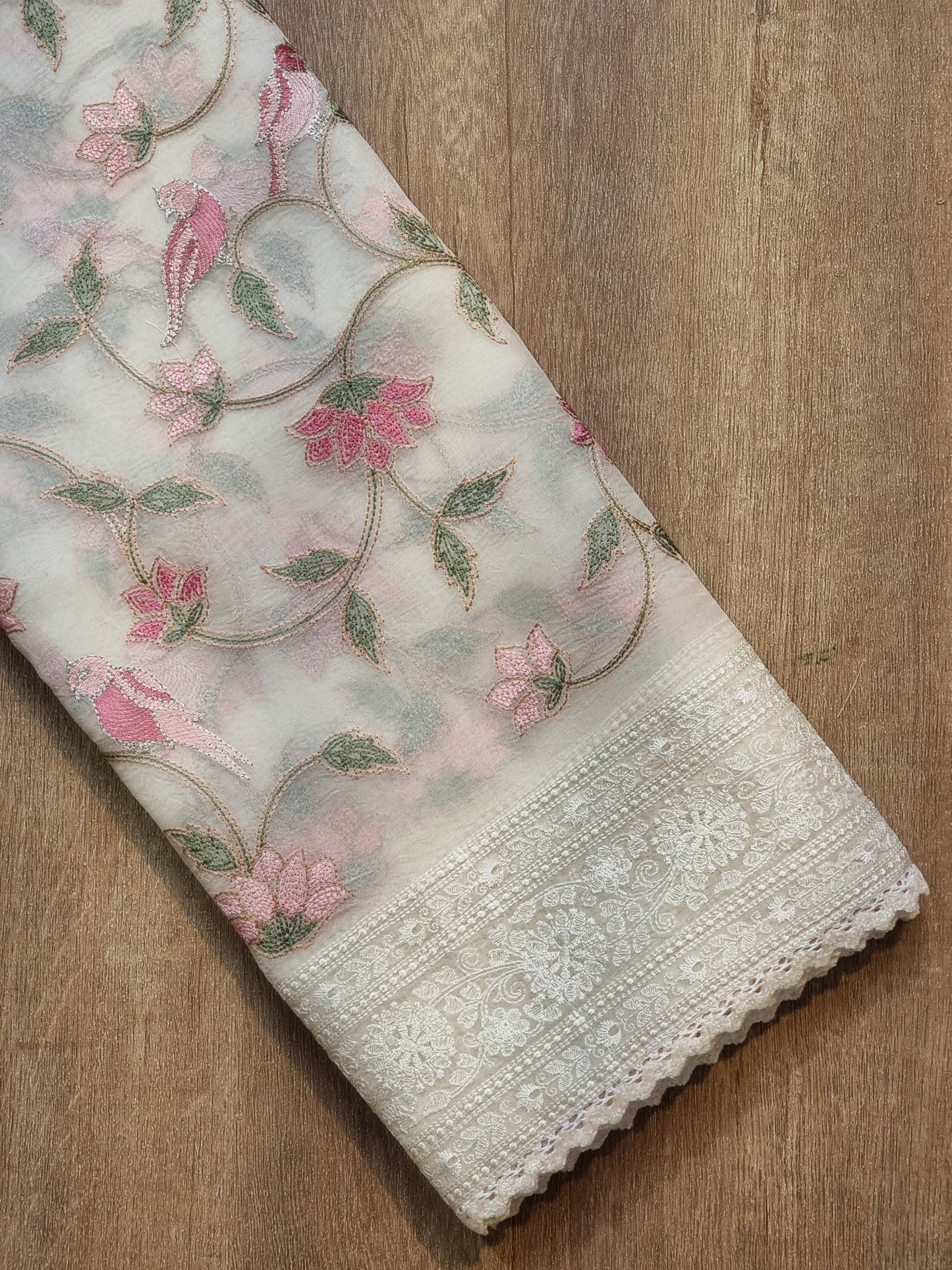 Pure Organza Silk Katha Embroider Saree with Velvet Lace - Resham Wala