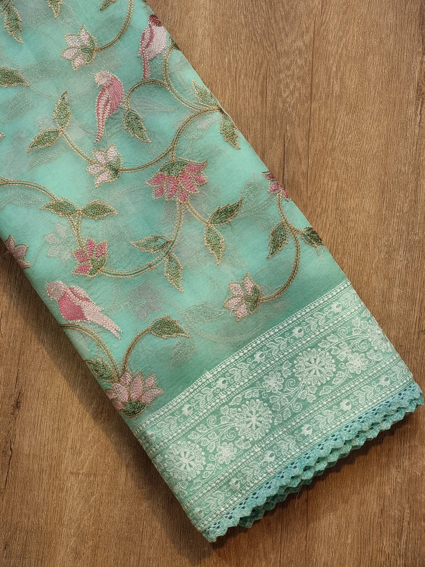 Pure Organza Silk Katha Embroider Saree with Velvet Lace - Resham Wala