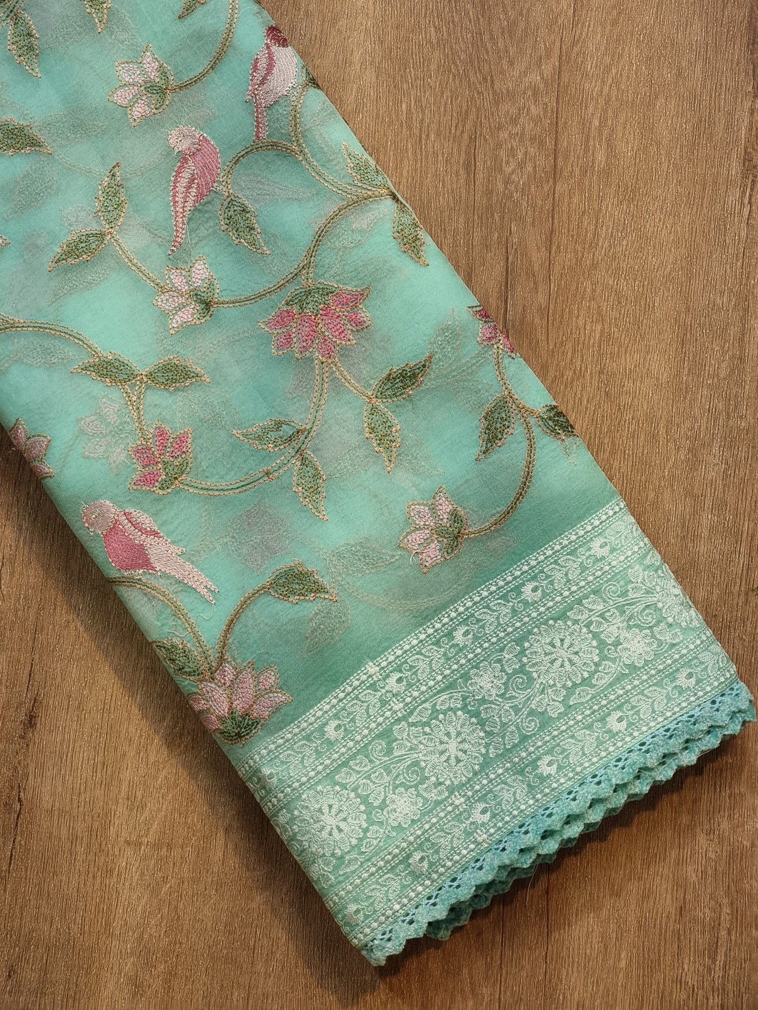 Pure Organza Silk Katha Embroider Saree with Velvet Lace - Resham Wala