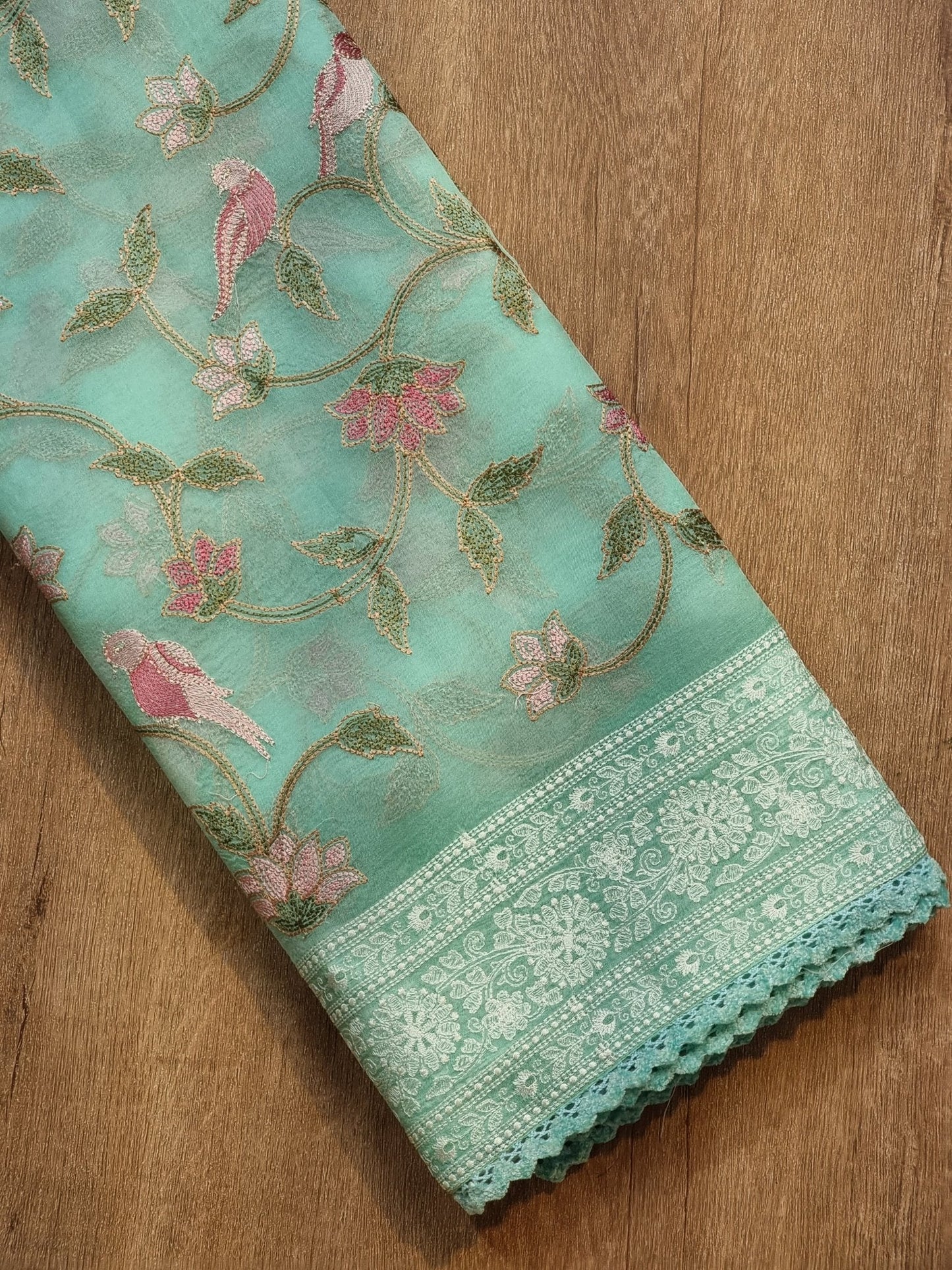 Pure Organza Silk Katha Chikankari Saree - draped side view