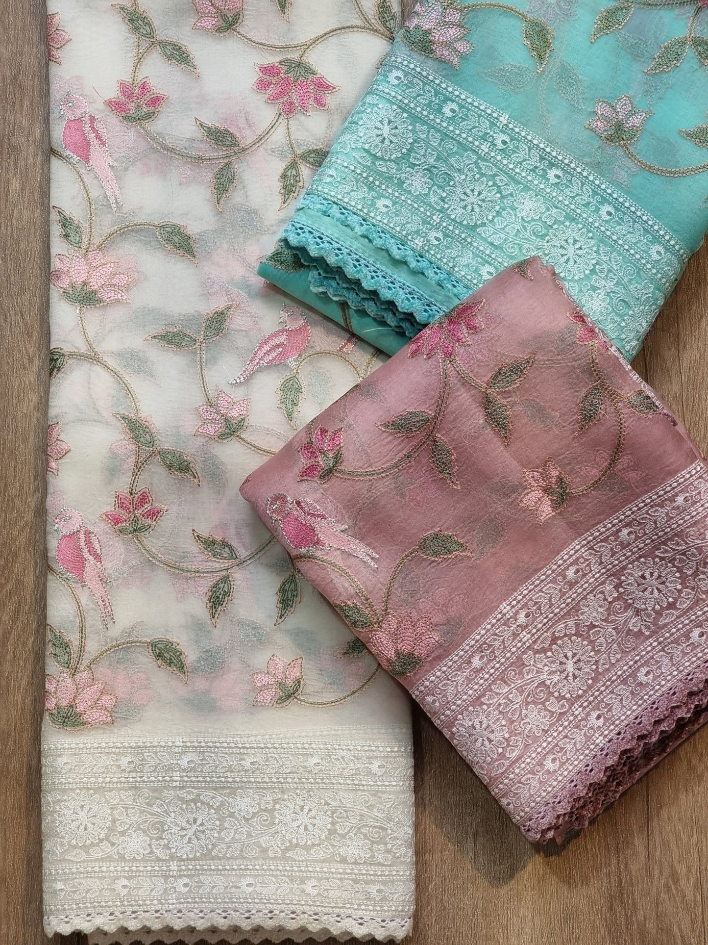 Pure Organza Silk Katha Embroider Saree with Velvet Lace - Resham Wala