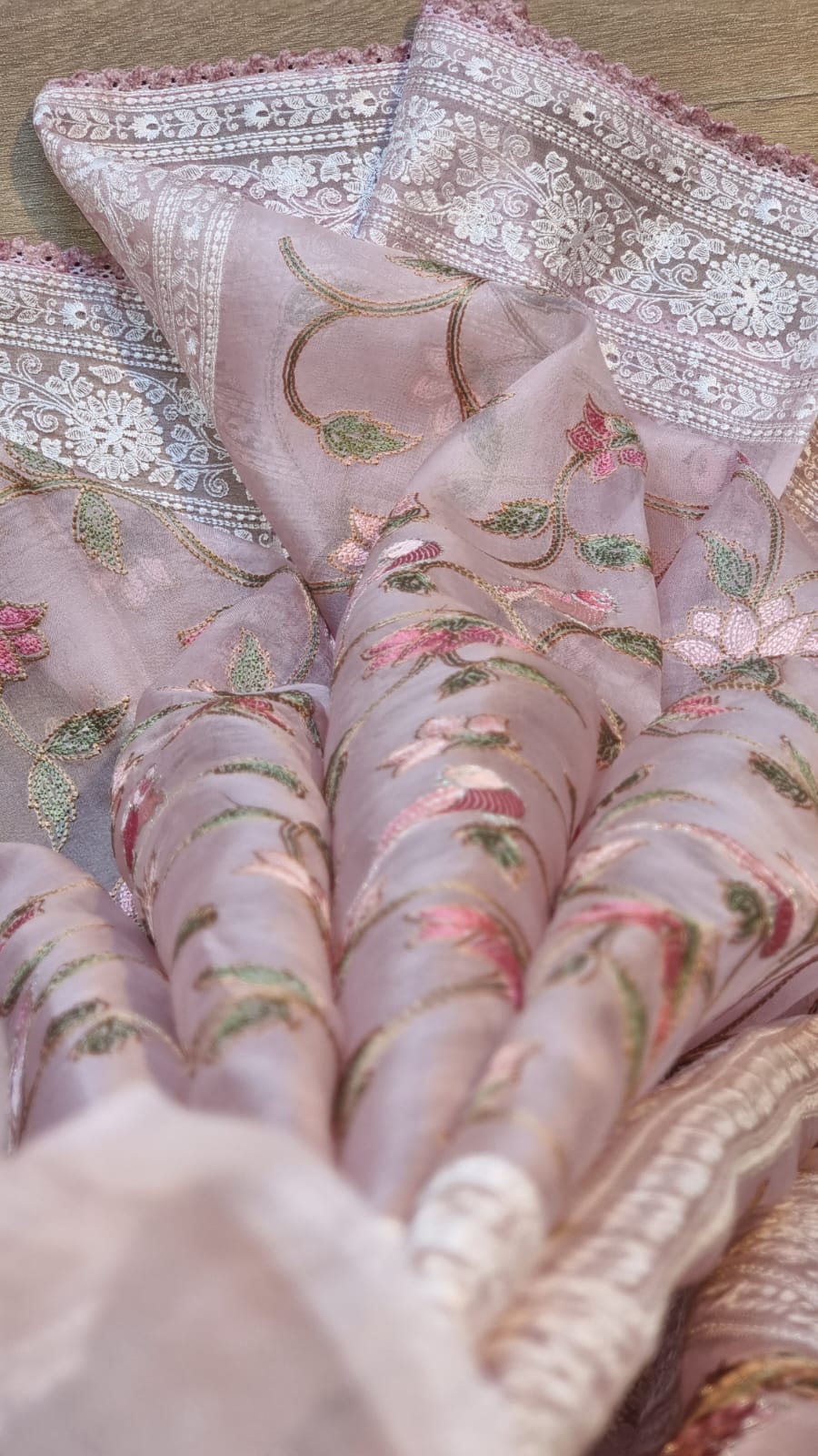 Pure Organza Silk Katha Embroider Saree with Velvet Lace - Resham Wala