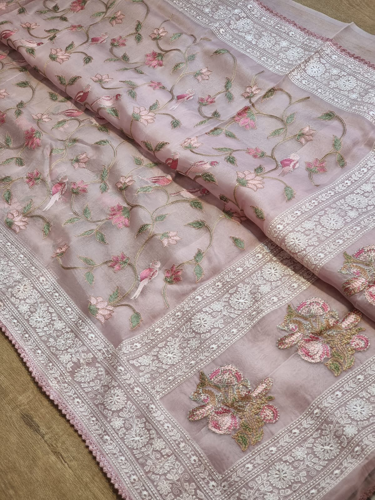 Pure Organza Silk Katha Embroider Saree with Velvet Lace - Resham Wala