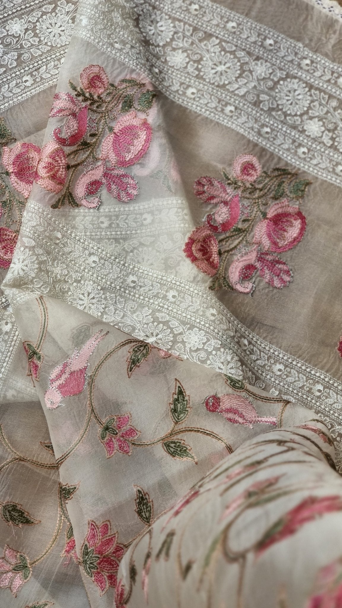 Pure Organza Silk Katha Chikankari Saree - complete outfit styled