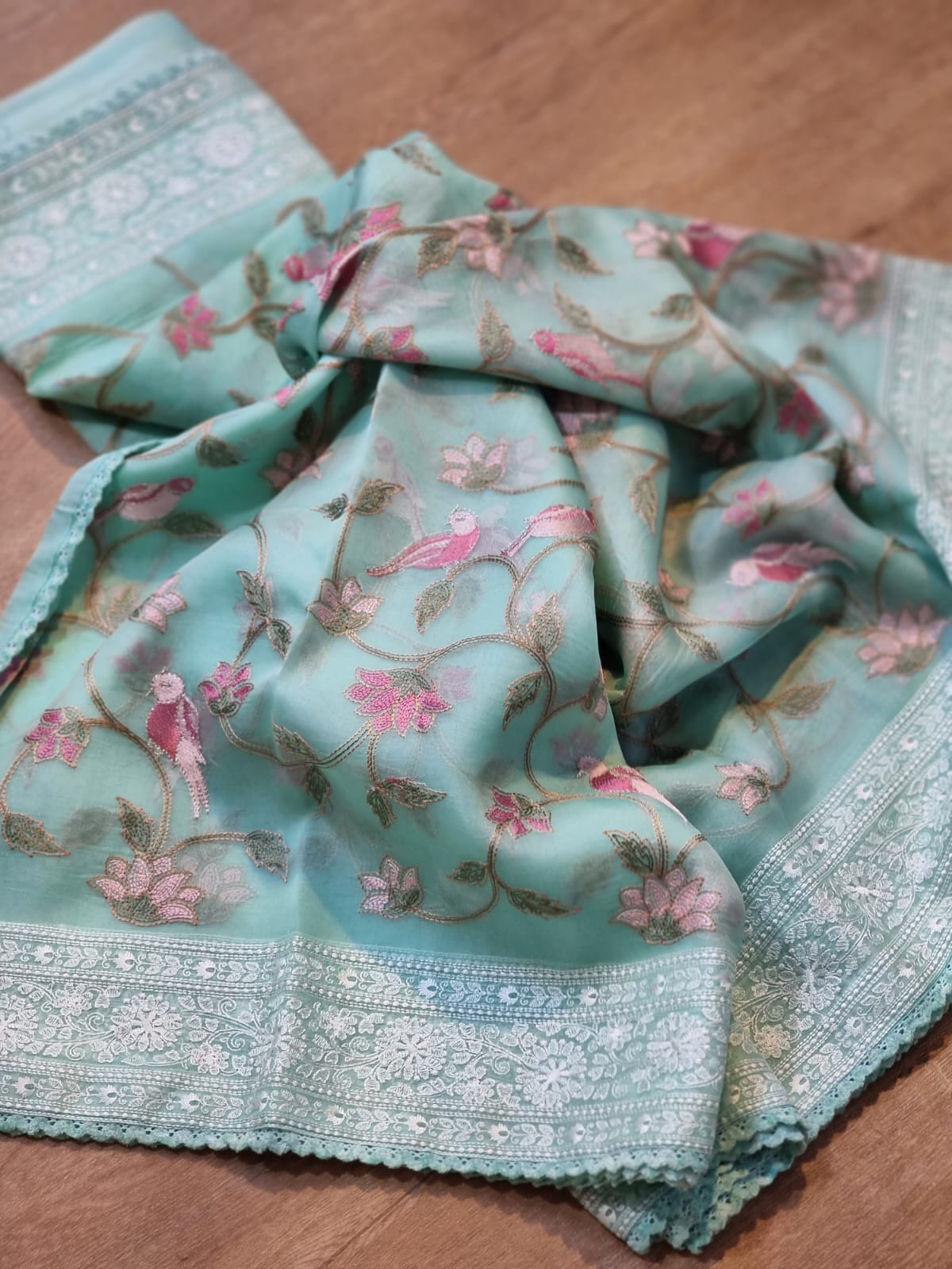 Pure Organza Silk Katha Embroider Saree with Velvet Lace - Resham Wala