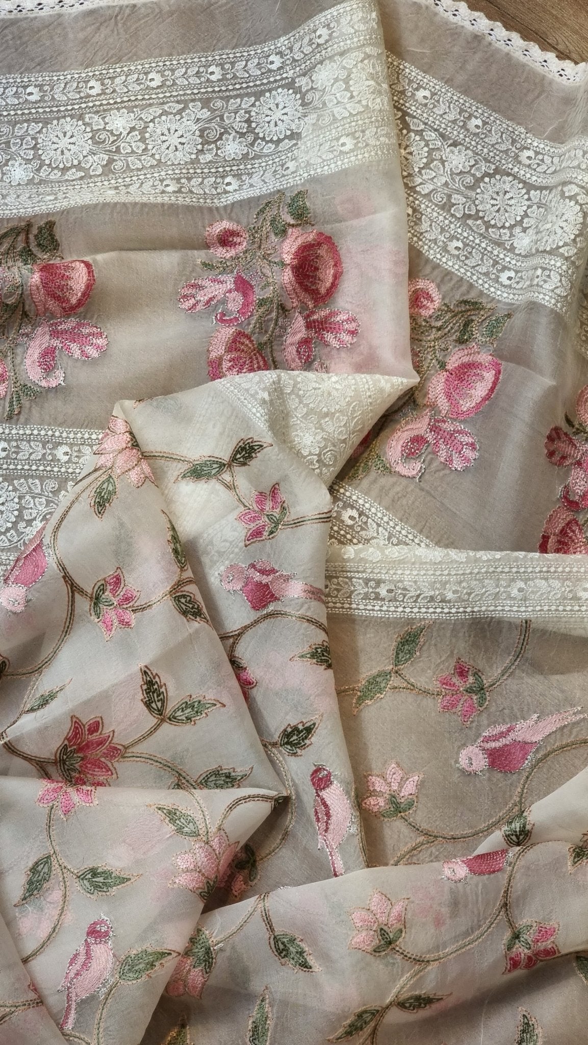 Pure Organza Silk Katha Embroider Saree with Velvet Lace - Resham Wala