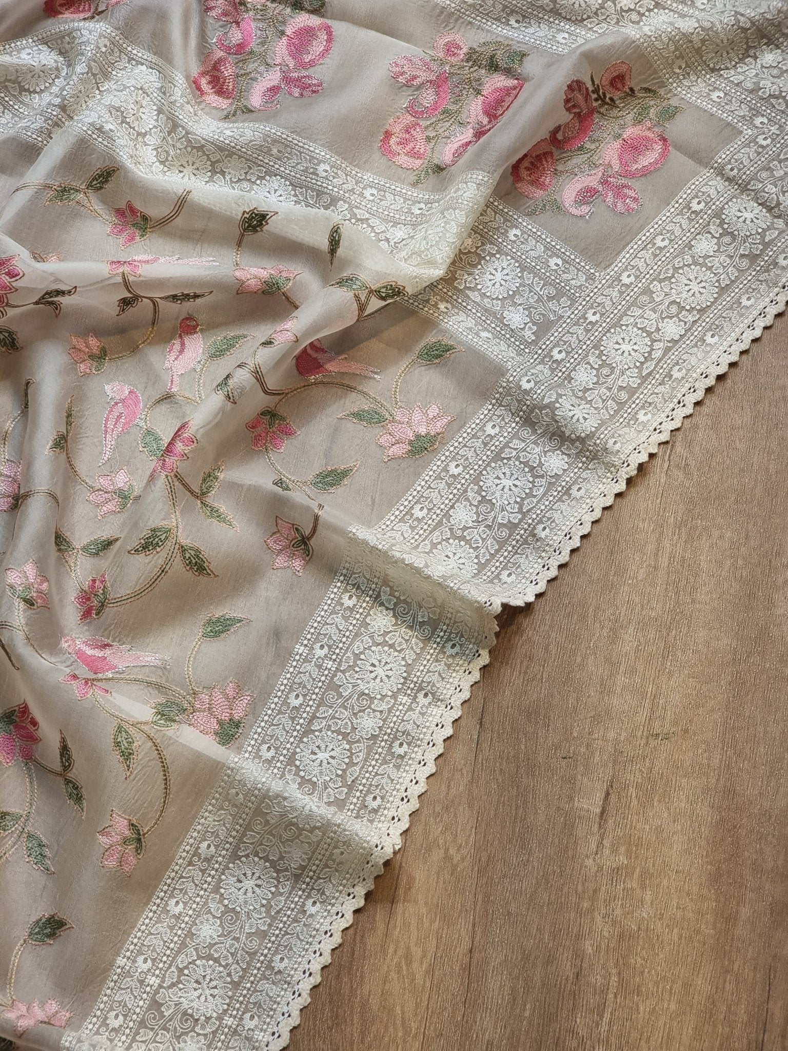 Pure Organza Silk Katha Embroider Saree with Velvet Lace - Resham Wala