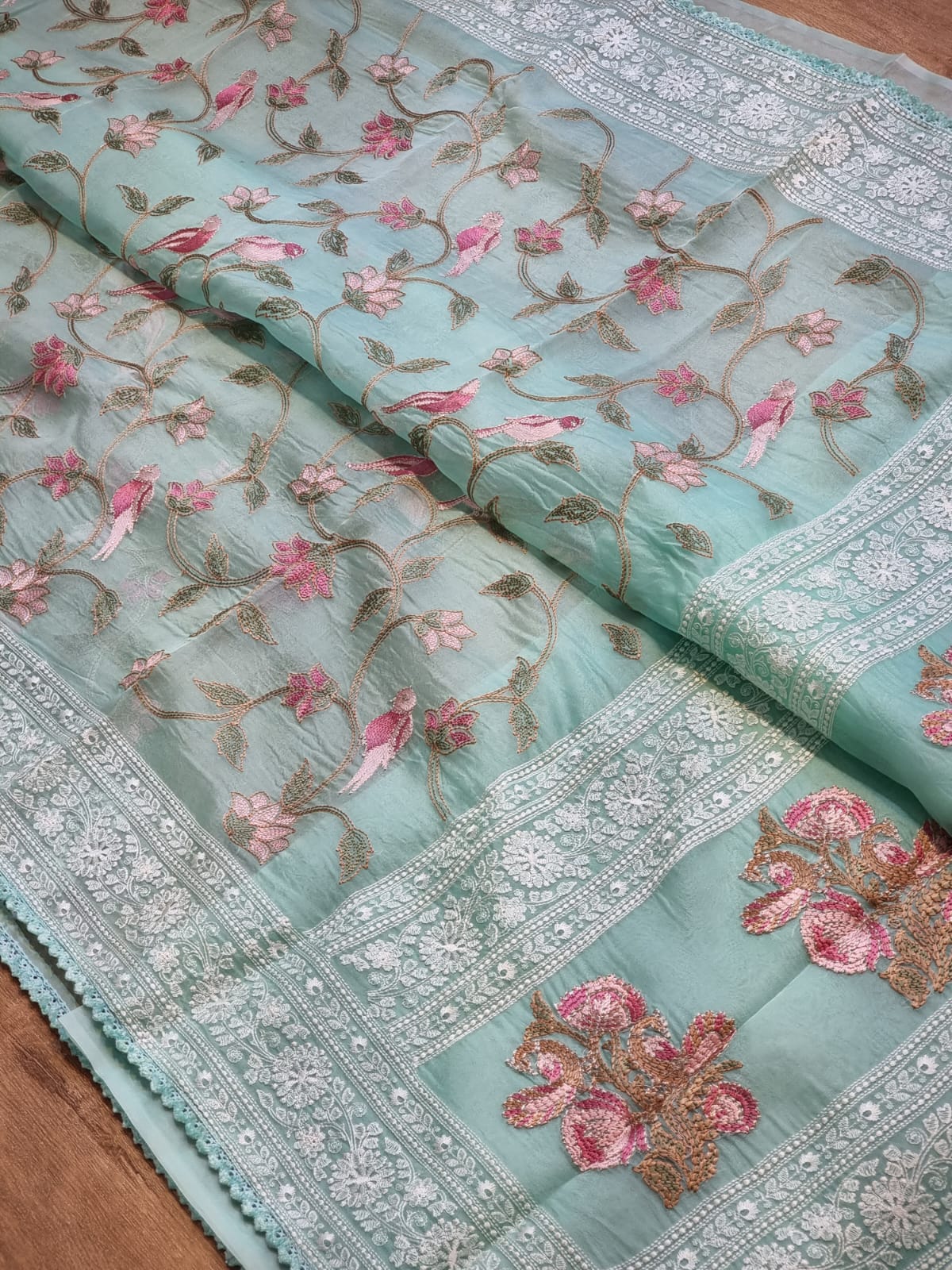 Pure Organza Silk Katha Chikankari Saree - Seagreen shade