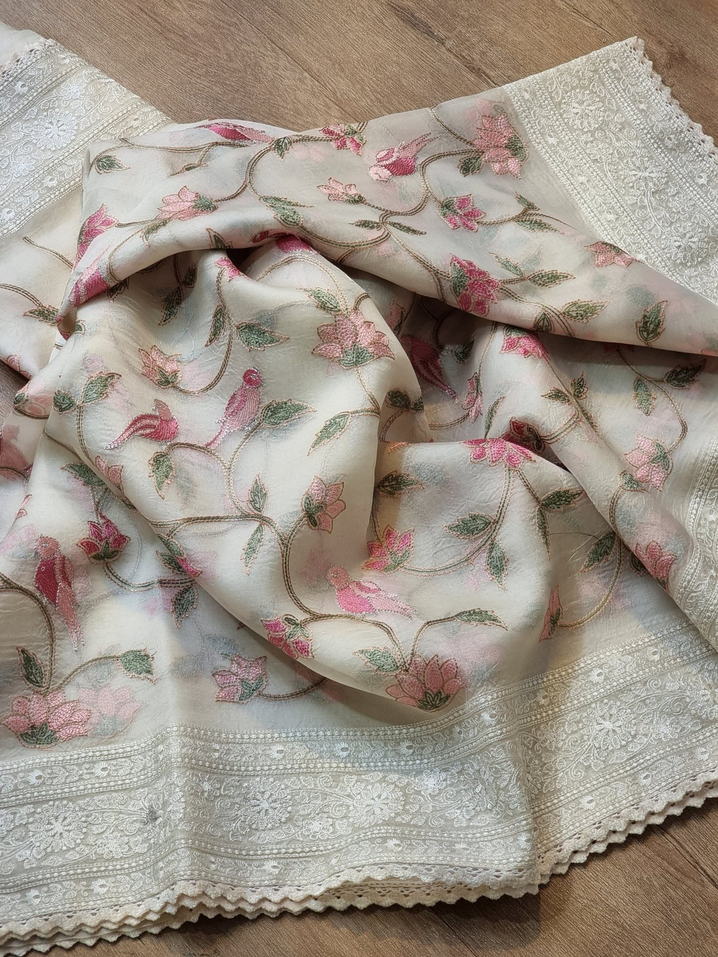 Pure Organza Silk Katha Embroider Saree with Velvet Lace - Resham Wala