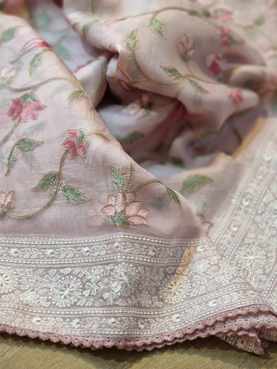 Pure Organza Silk Katha Embroider Saree with Velvet Lace - Resham Wala