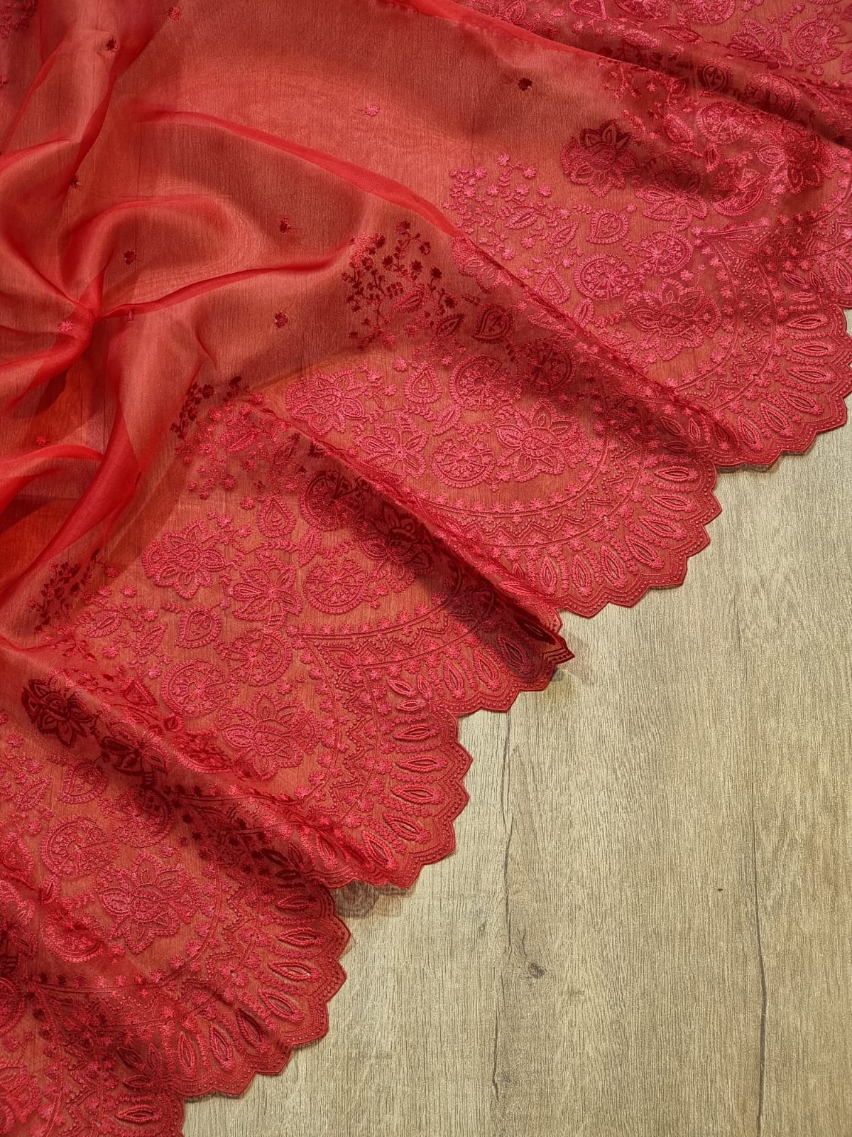 Pure Organza Silk Torani Cutwork Scallop Saree - draped side view