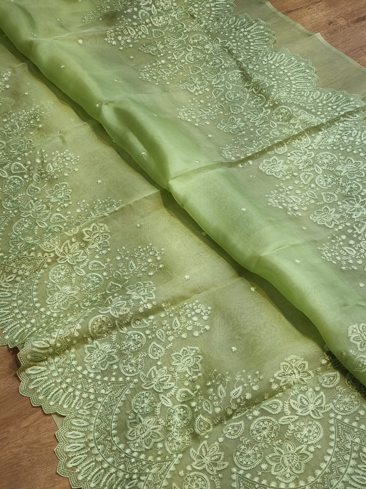 Pure Organza Silk Torani Cutwork Scallop Saree - Light Peach shade