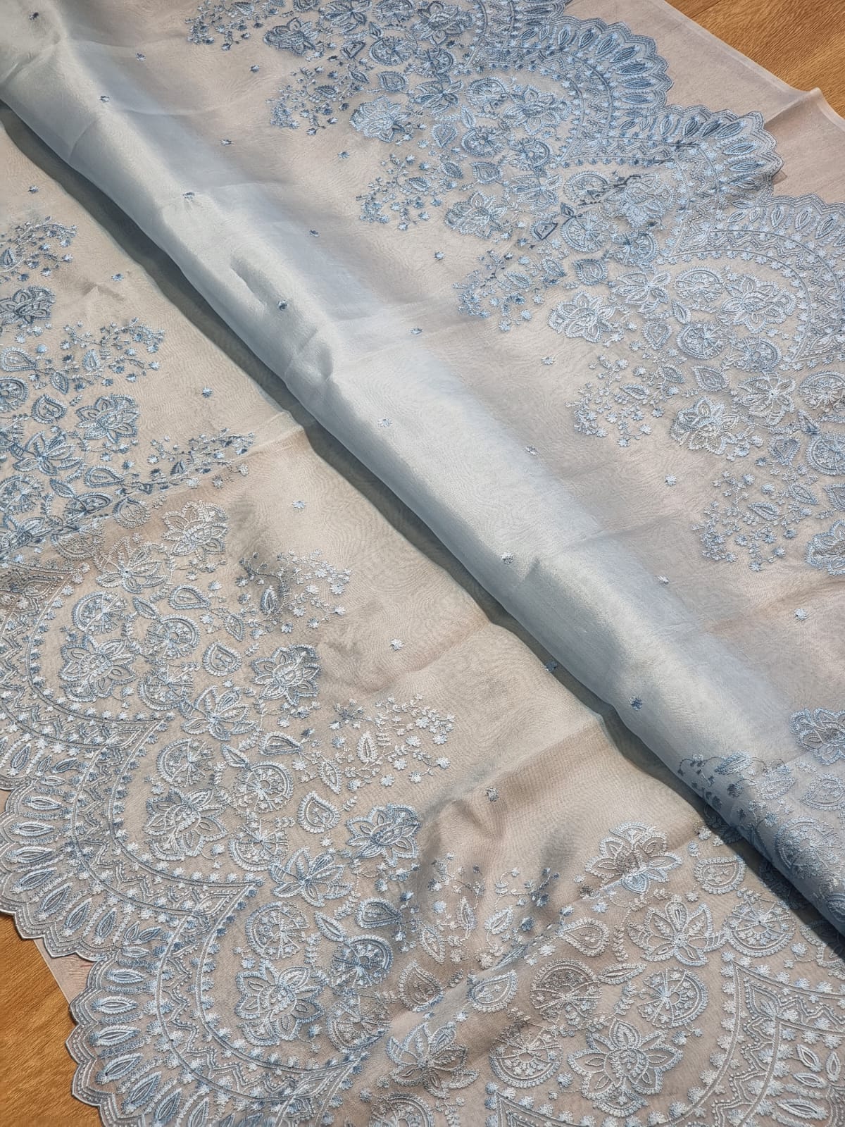 Pure Organza Silk Torani Cutwork Scallop Saree - Powder Blue shade