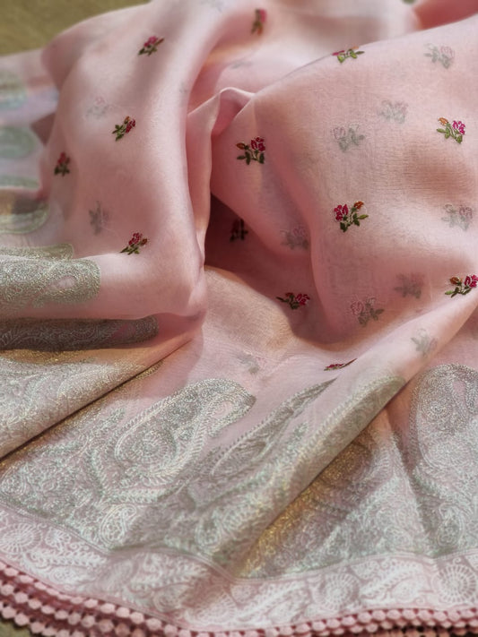 Pure Organza Silk Embroidery Zari Work Iscurt Buti Saree with crochet lace and sleeves work blouse - Resham Wala