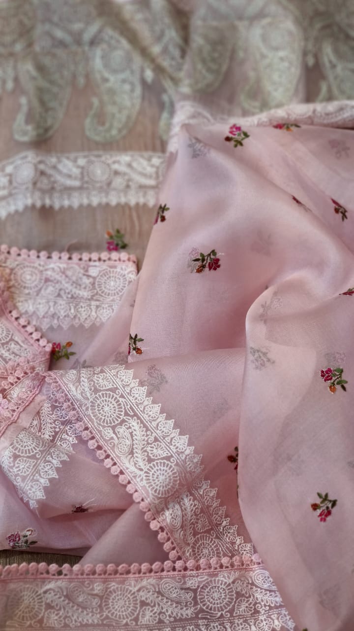 Pure Organza Silk Embroidery Zari Work Iscurt Buti Saree with crochet lace and sleeves work blouse - Resham Wala