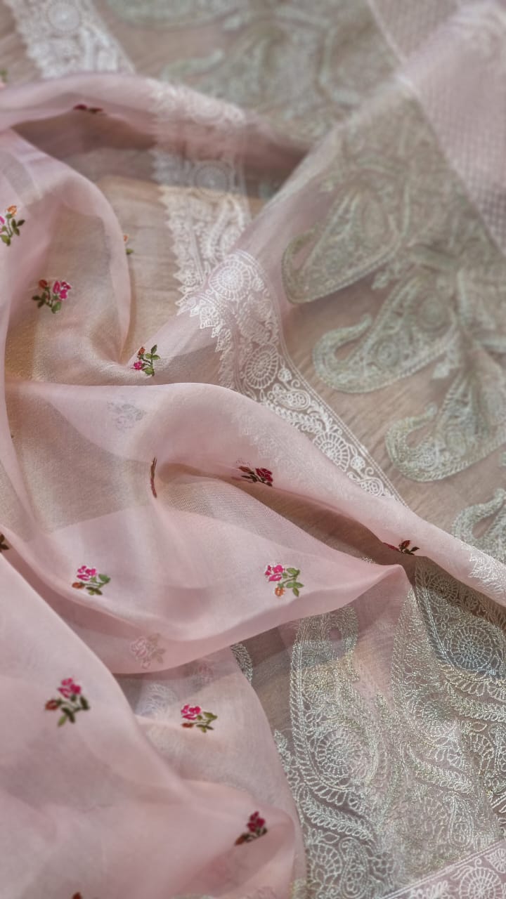 Pure Organza Silk Embroidery Zari Work Iscurt Buti Saree with crochet lace and sleeves work blouse - Resham Wala