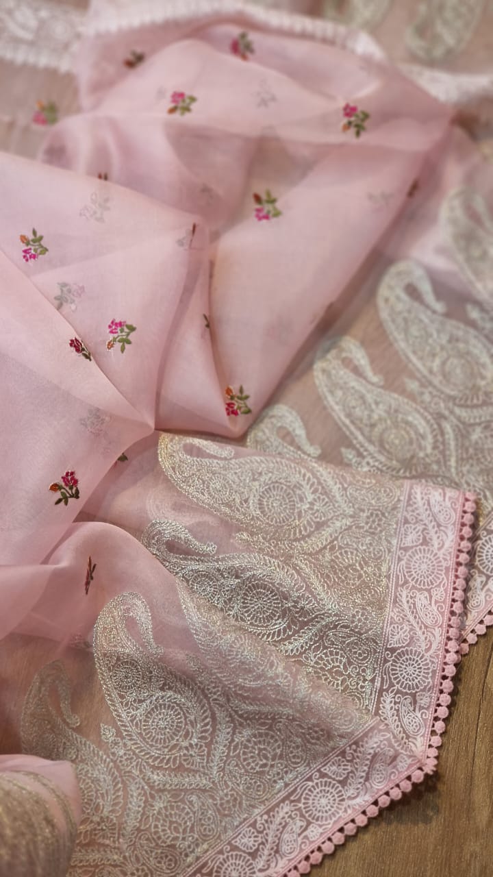 Pure Organza Silk Embroidery Zari Work Iscurt Buti Saree with crochet lace and sleeves work blouse - Resham Wala