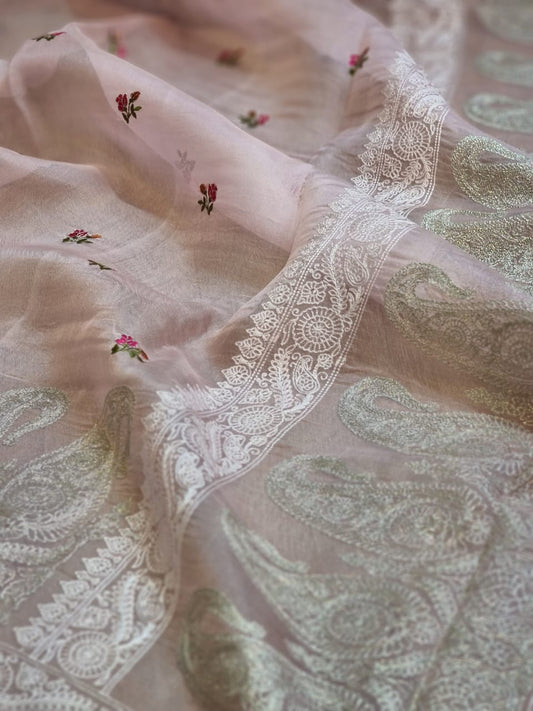 Pure Organza Silk Embroidery Zari Work Iscurt Buti Saree with crochet lace and sleeves work blouse - Resham Wala