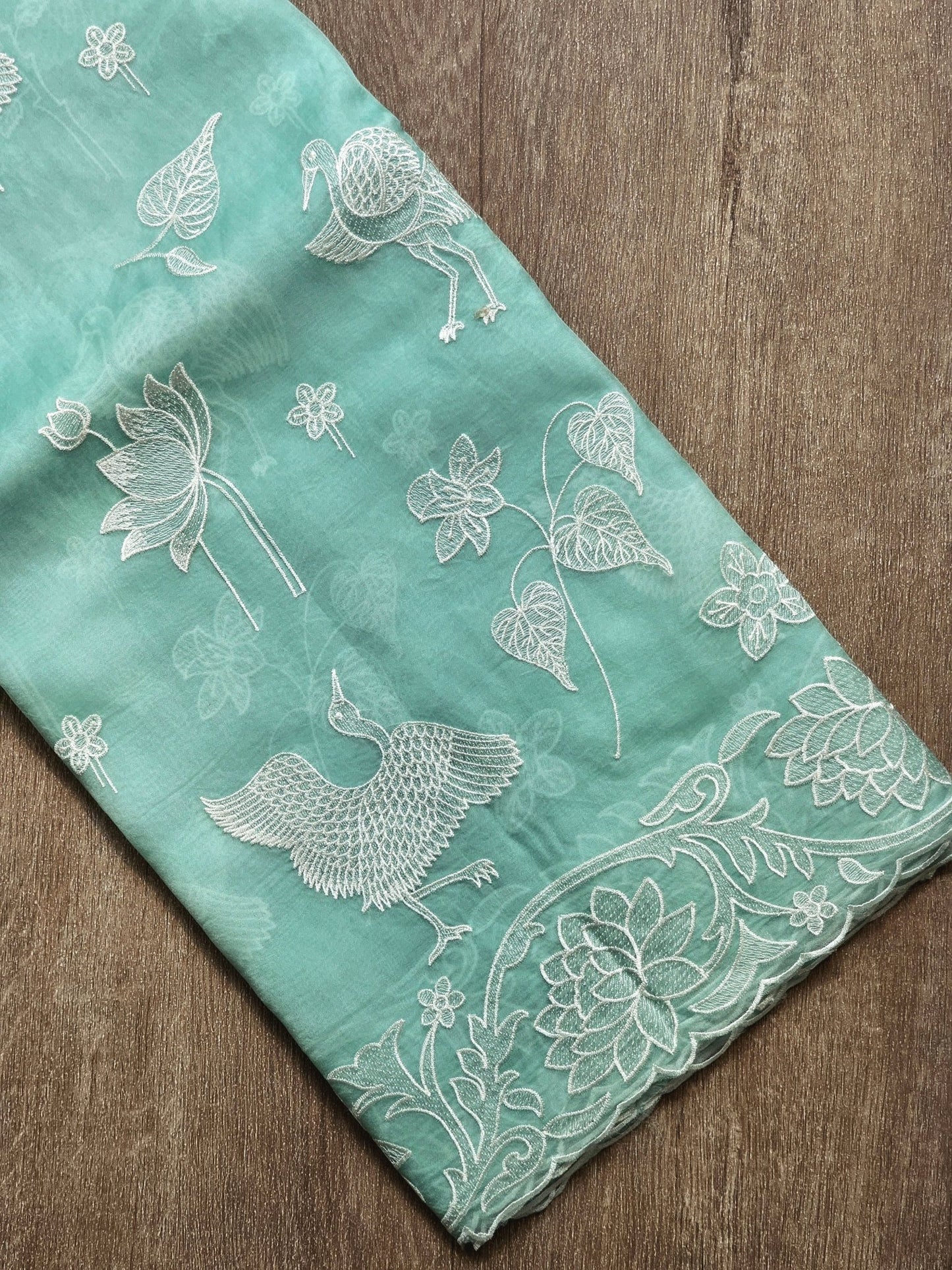 Pure Organza Silk Floral Flamingo Embroidery Cutwork Border Saree with Heavy blouse - Resham Wala