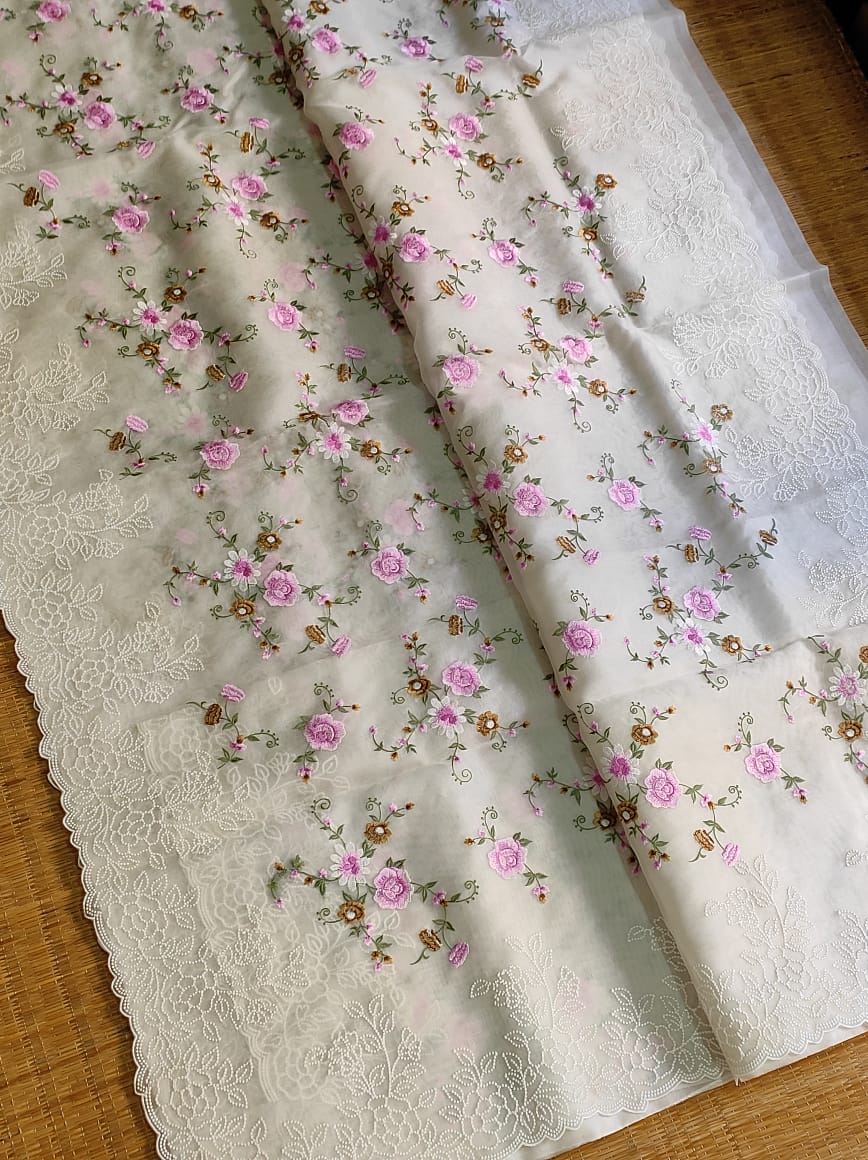 Pure Organza Silk Floral Pearl Cutwork Saree - styled full look