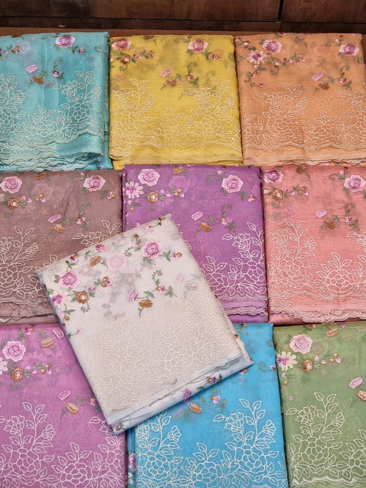 Pure Organza Silk Floral Pearl Cutwork Saree - front full view