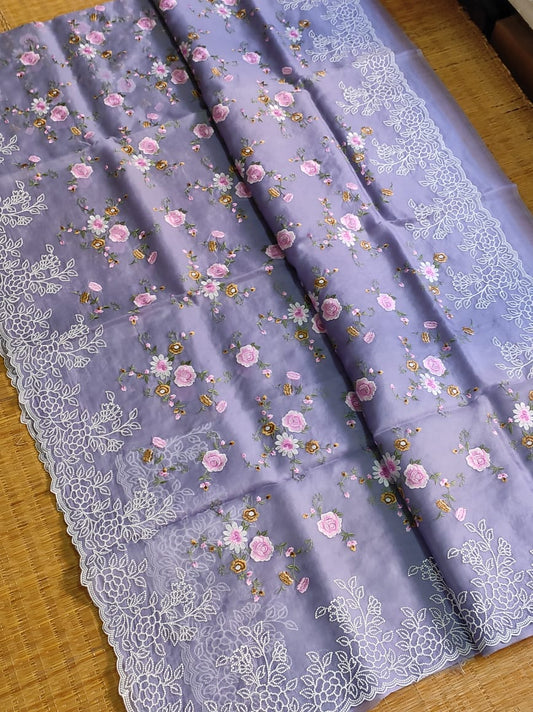 Pure Organza Silk Floral Pearl Cutwork Saree - pearl cutwork border close-up