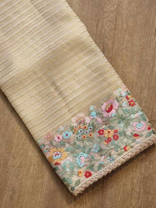 Pure Organza Silk Jacquard Stripe Saree - jacquard stripe weave close-up