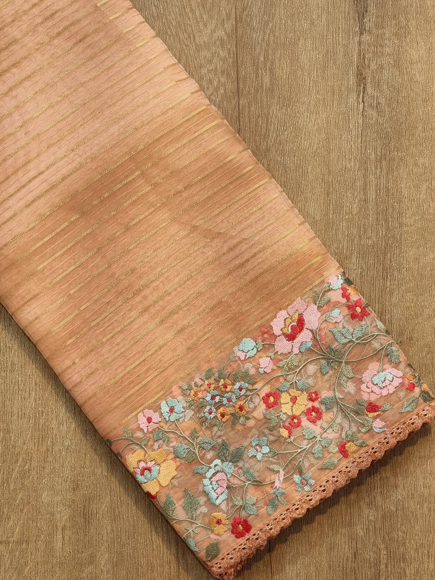 Pure Organza Silk Jacquard Stripe Multi Floral Embroidery Saree With Velvet Lace and Heavy Blouse work - Resham Wala