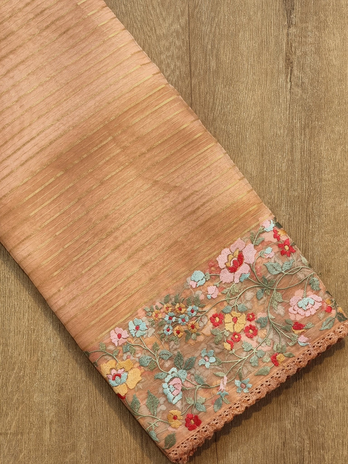 Pure Organza Silk Jacquard Stripe Saree - multi floral embroidery detail