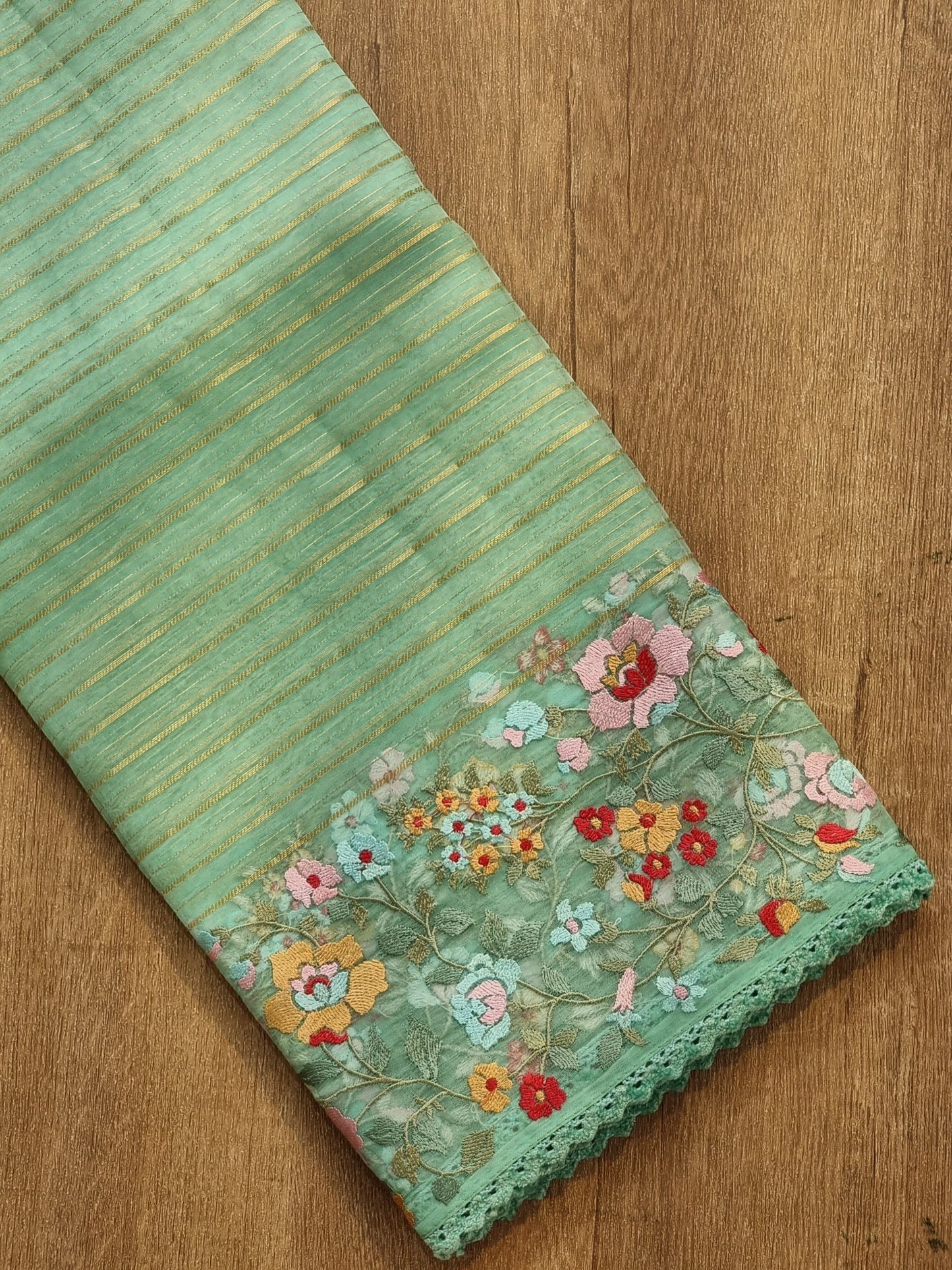 Pure Organza Silk Jacquard Stripe Multi Floral Embroidery Saree With Velvet Lace and Heavy Blouse work - Resham Wala