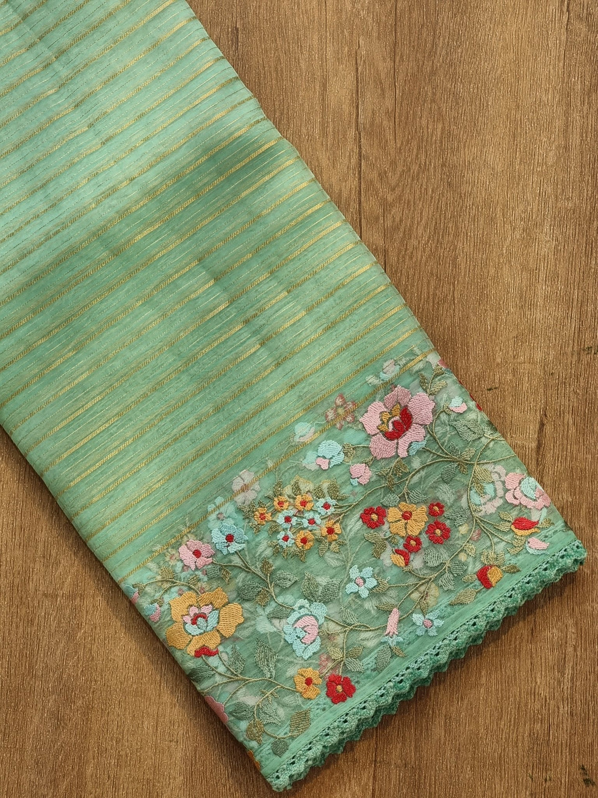 Pure Organza Silk Jacquard Stripe Saree - heavy embroidered blouse detail