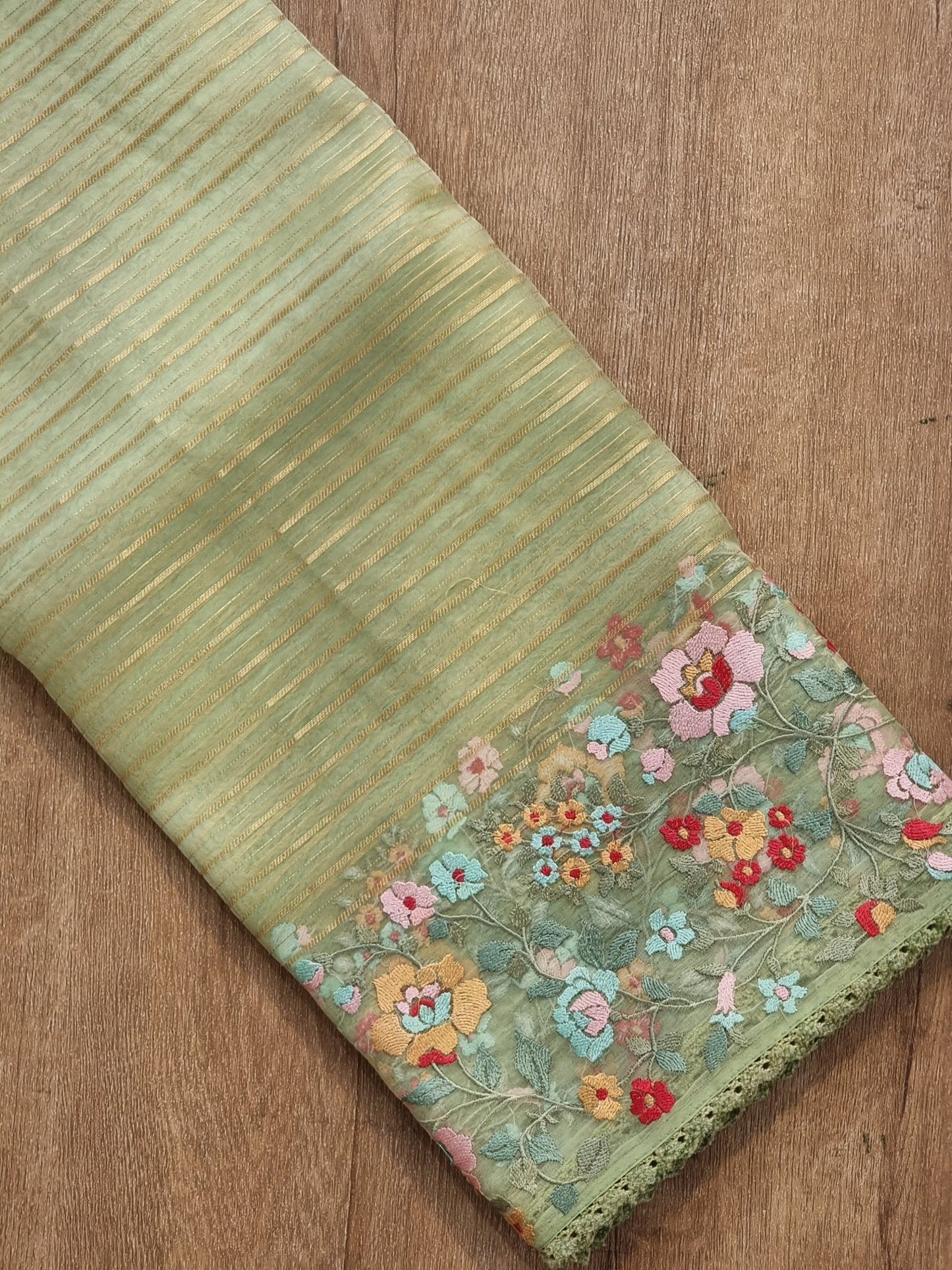 Pure Organza Silk Jacquard Stripe Multi Floral Embroidery Saree With Velvet Lace and Heavy Blouse work - Resham Wala