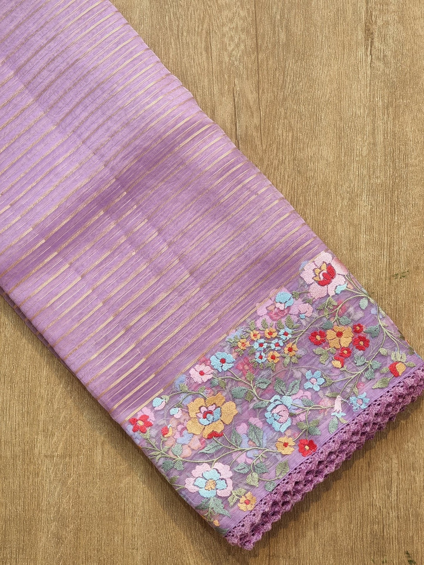 Pure Organza Silk Jacquard Stripe Multi Floral Embroidery Saree With Velvet Lace and Heavy Blouse work - Resham Wala