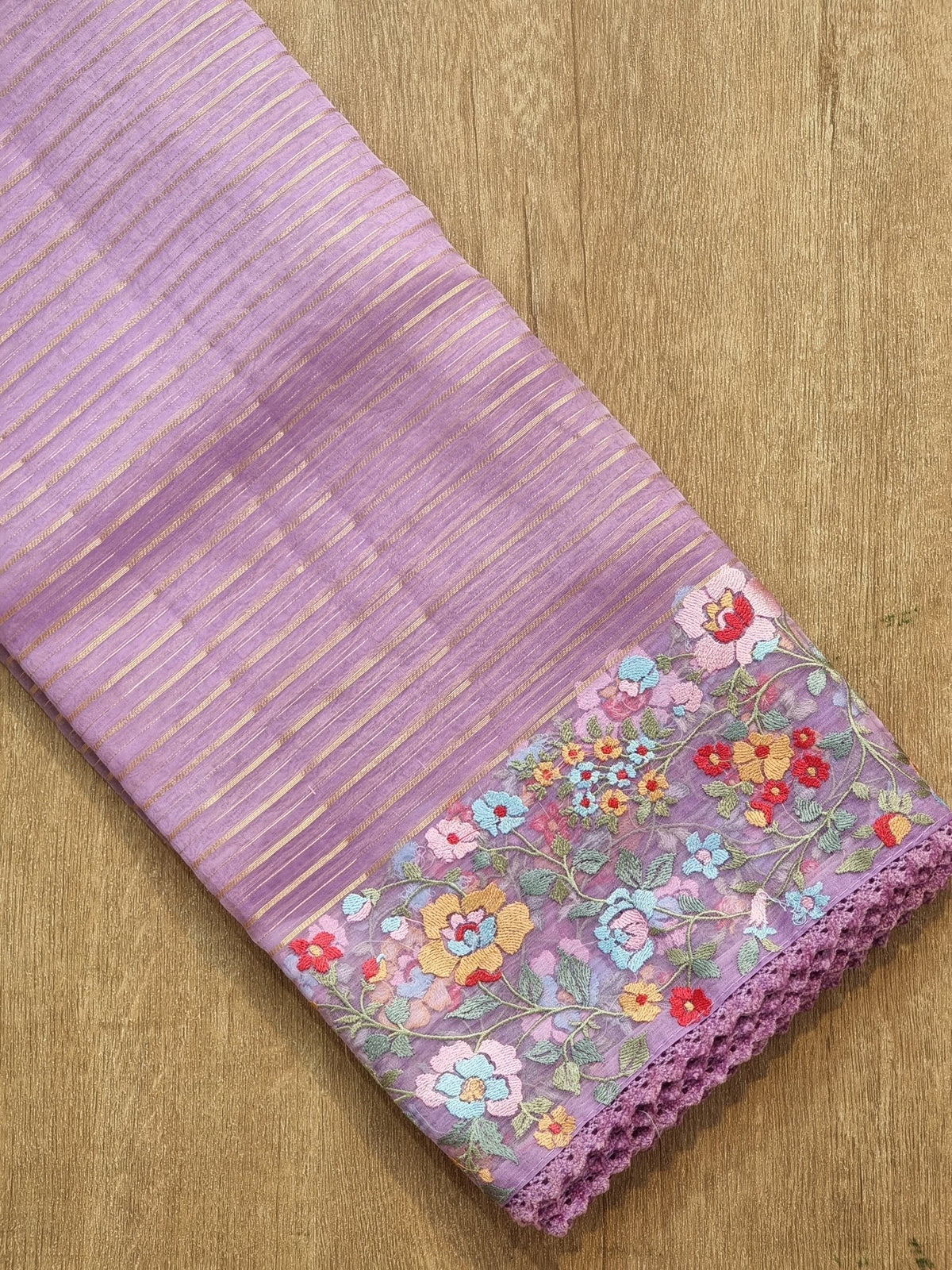 Pure Organza Silk Jacquard Stripe Saree - velvet lace border close-up