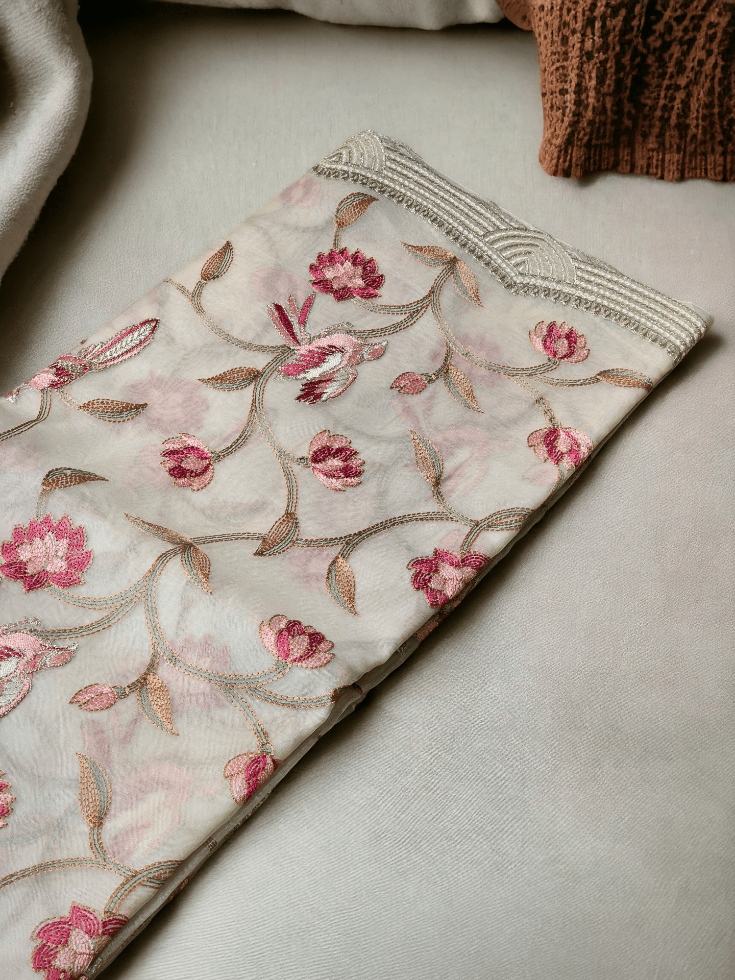 Pure Organza Silk Katha Embroidery Saree with cutwork border and scallop edges - Resham Wala