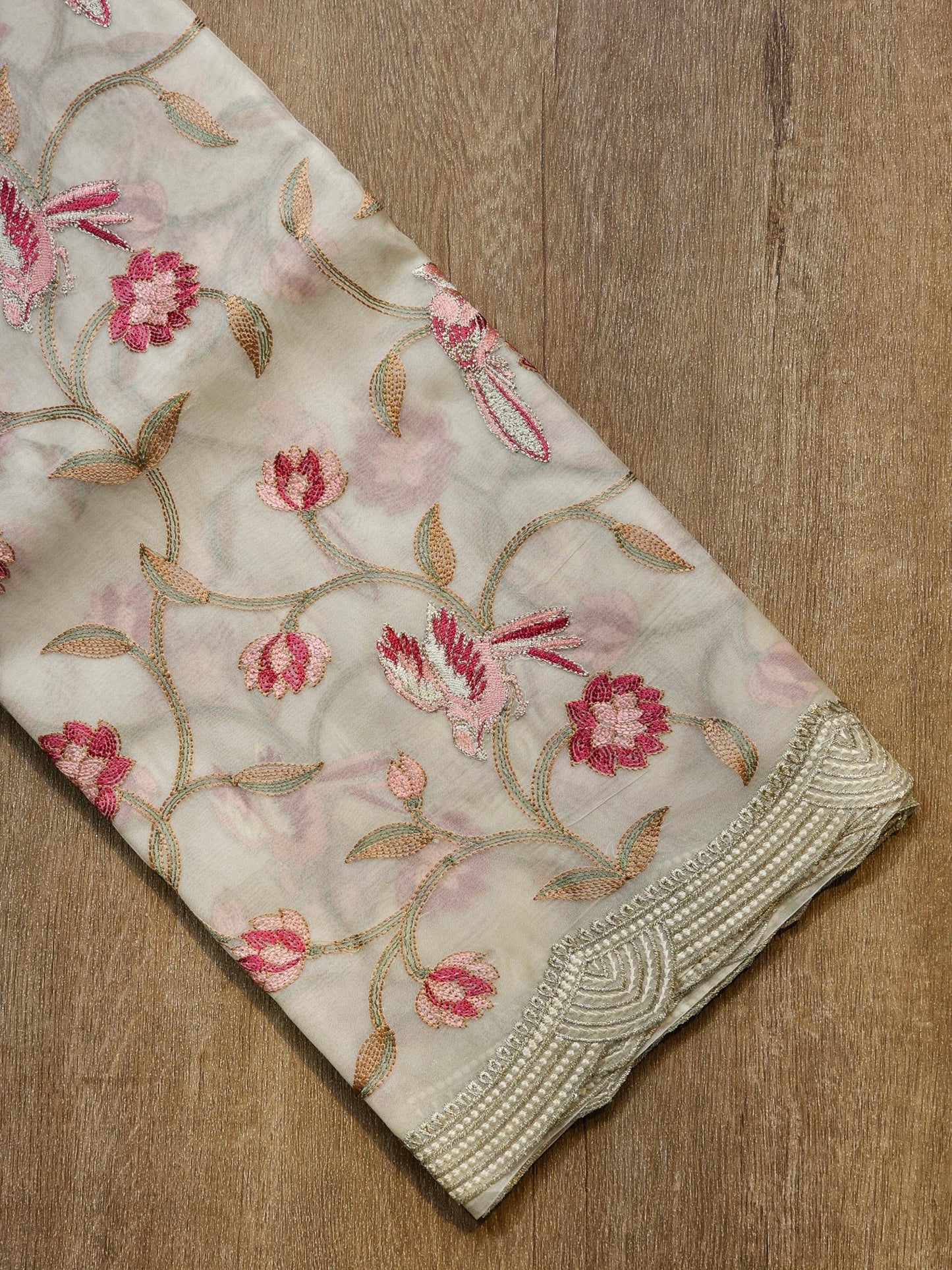 Pure Organza Silk Katha Embroidery Saree with cutwork border and scallop edges - Resham Wala