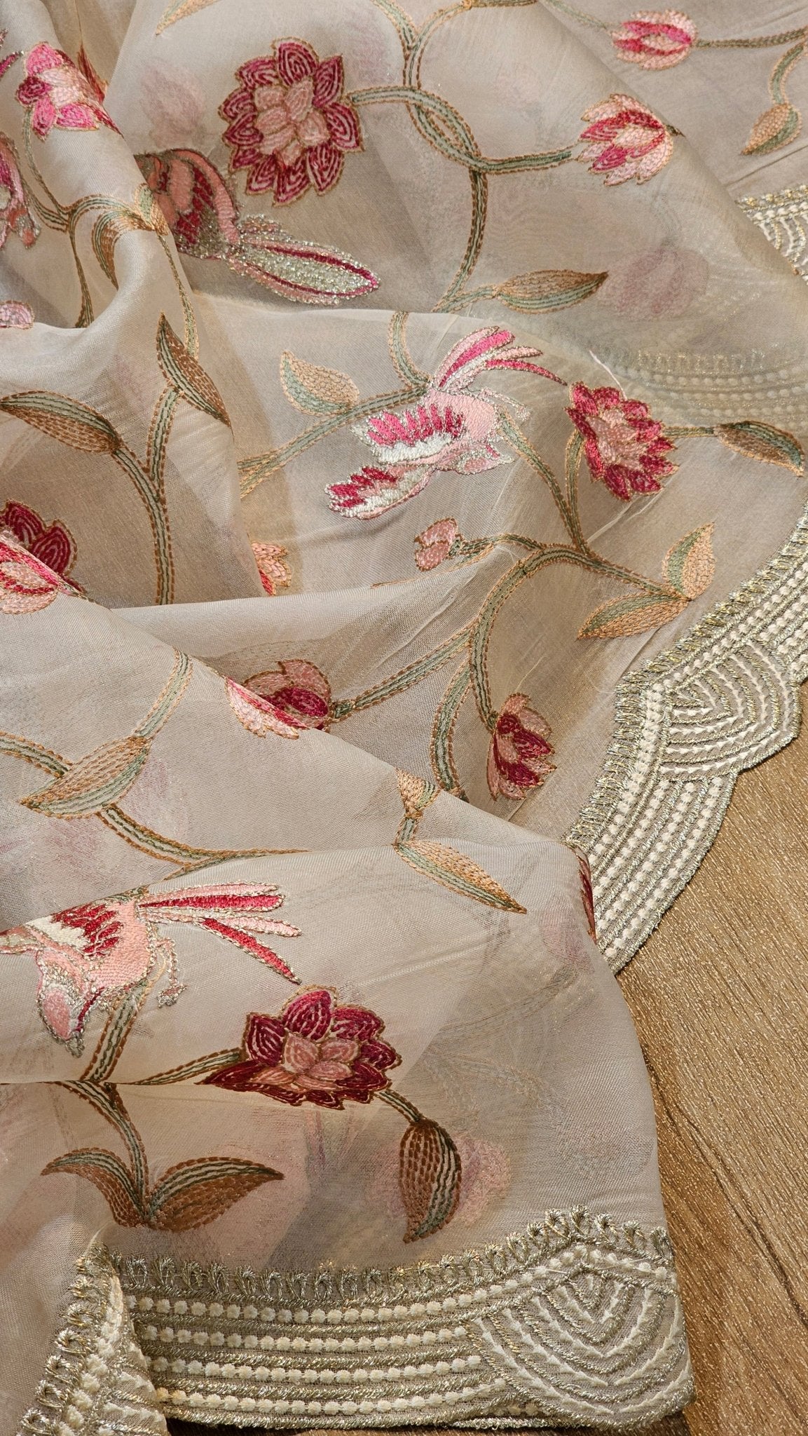 Pure Organza Silk Katha Embroidery Saree with cutwork border and scallop edges - Resham Wala