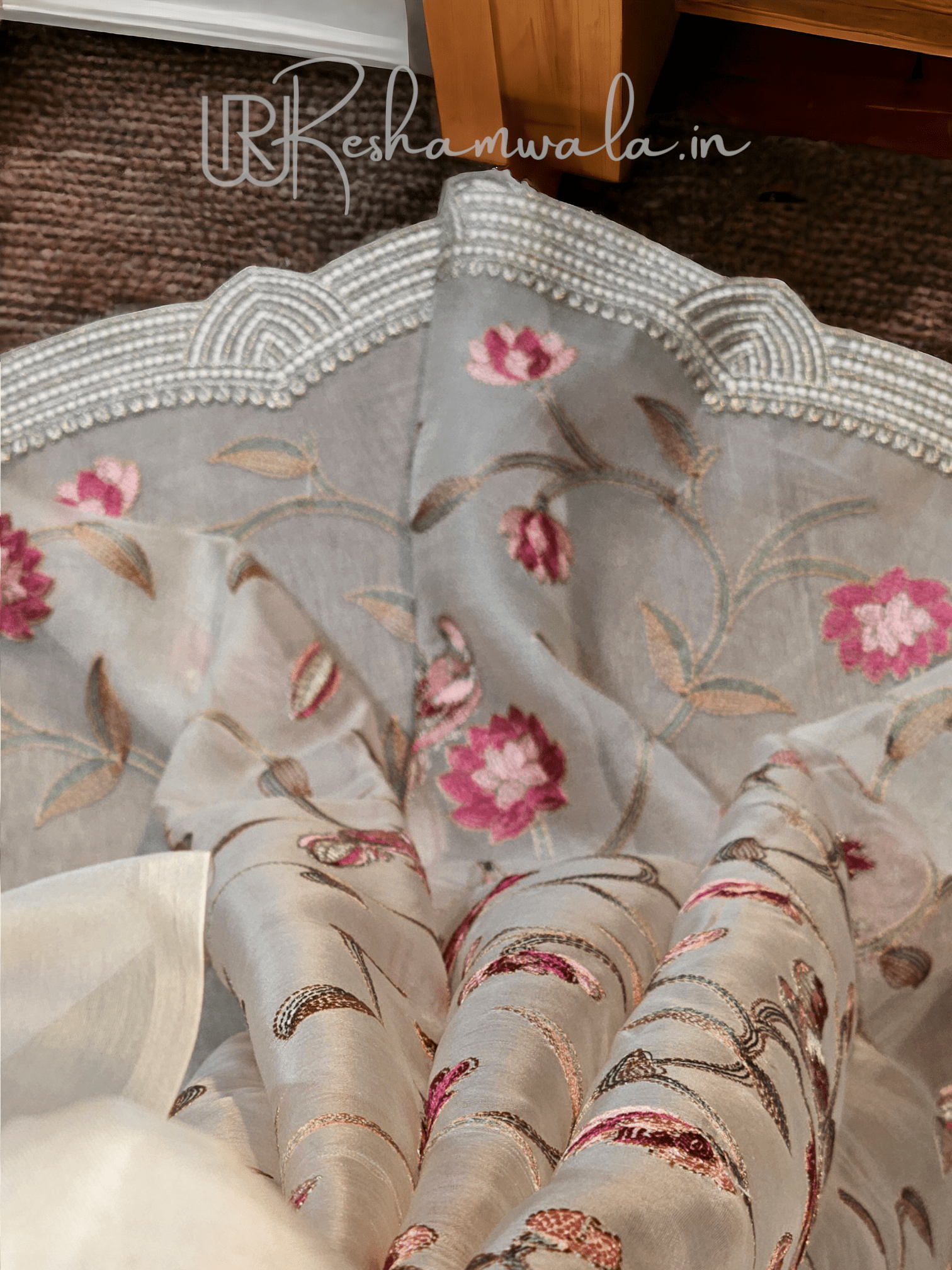 Pure Organza Silk Katha Embroidery Saree with cutwork border and scallop edges - Resham Wala