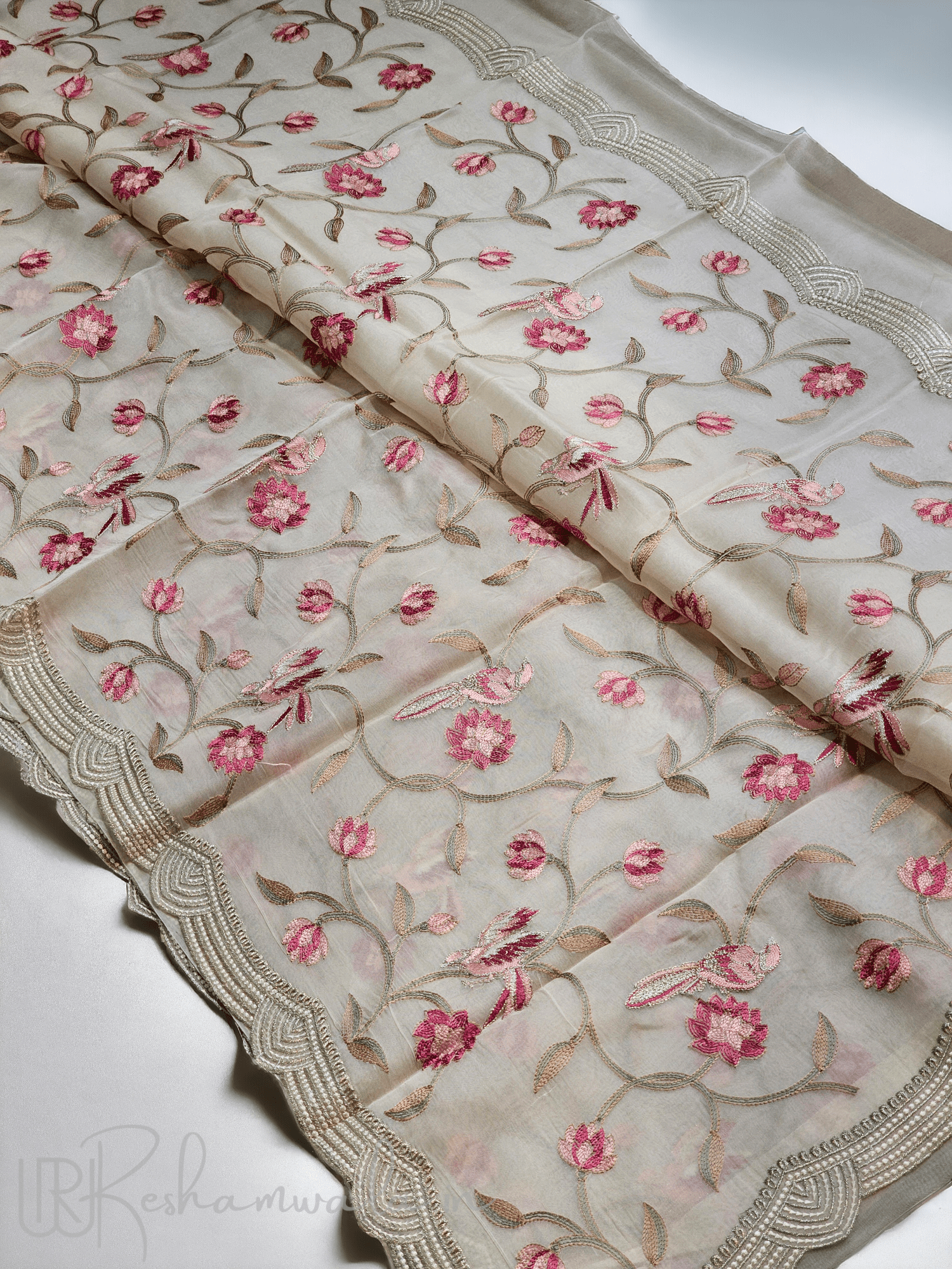 Pure Organza Silk Katha Embroidery Saree with cutwork border and scallop edges - Resham Wala