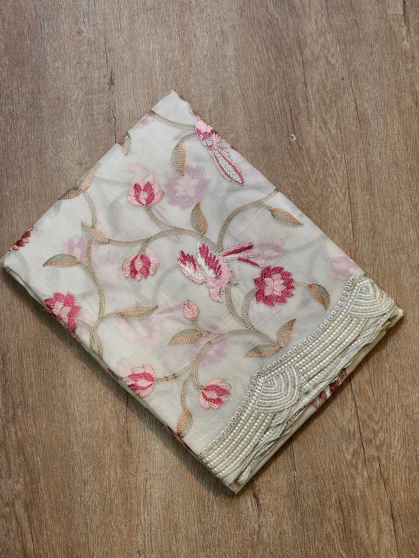 Pure Organza Silk Katha Embroidery Saree with cutwork border and scallop edges - Resham Wala