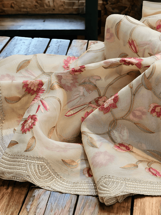 Pure Organza Silk Katha Embroidery Saree with cutwork border and scallop edges - Resham Wala