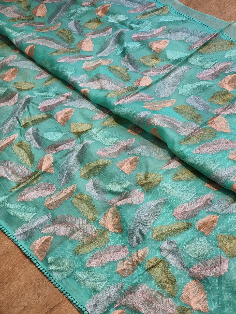 Pure Organza Silk Leaf Embroidery saree with crochet lace and heavy blouse - Resham Wala