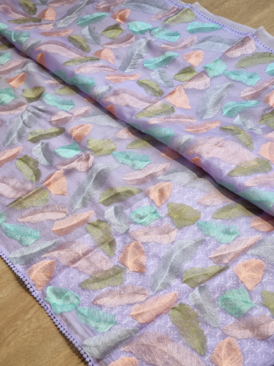 Pure Organza Silk Leaf Embroidery saree with crochet lace and heavy blouse - Resham Wala