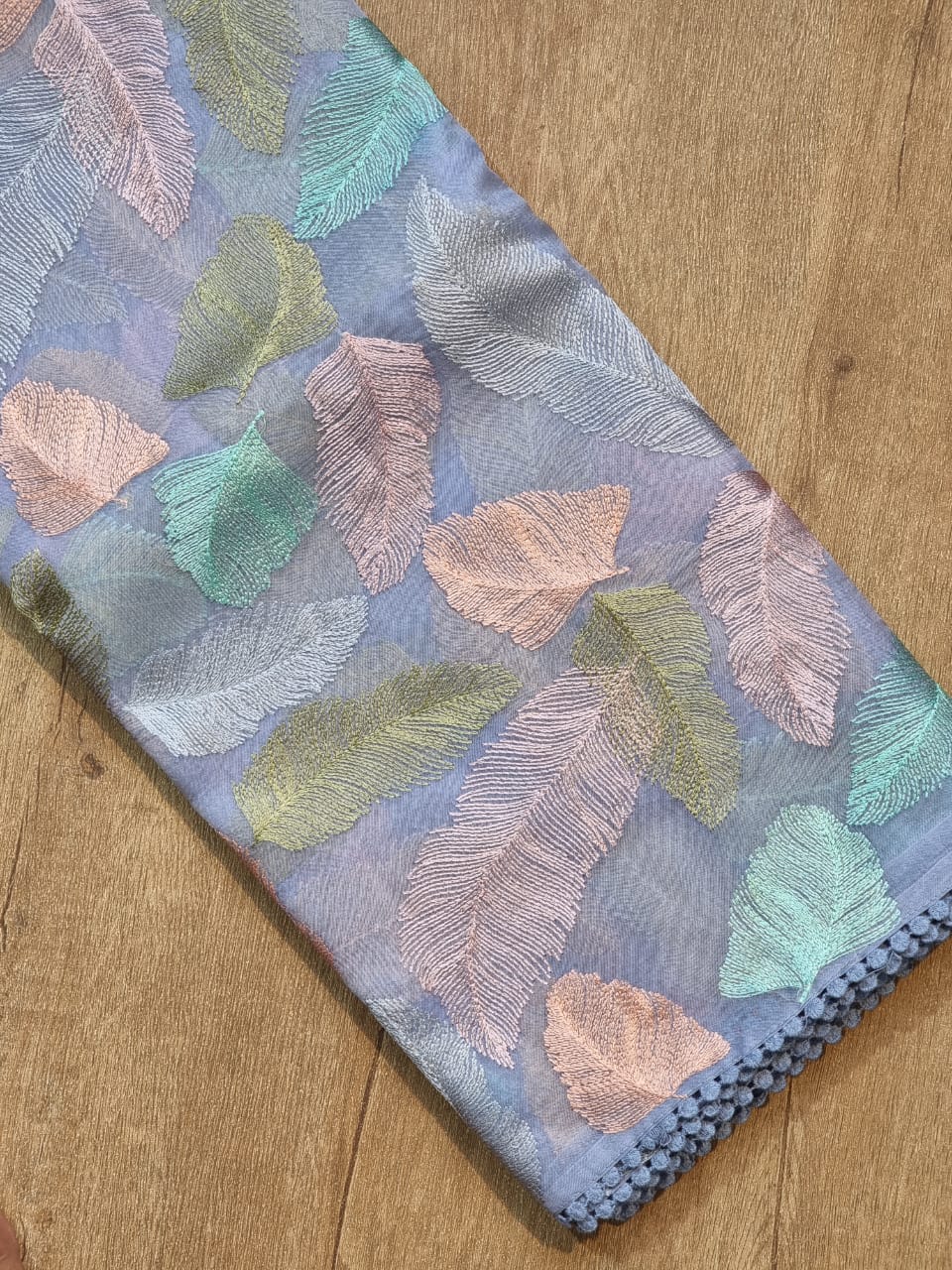 Pure Organza Silk Leaf Embroidery saree with crochet lace and heavy blouse - Resham Wala