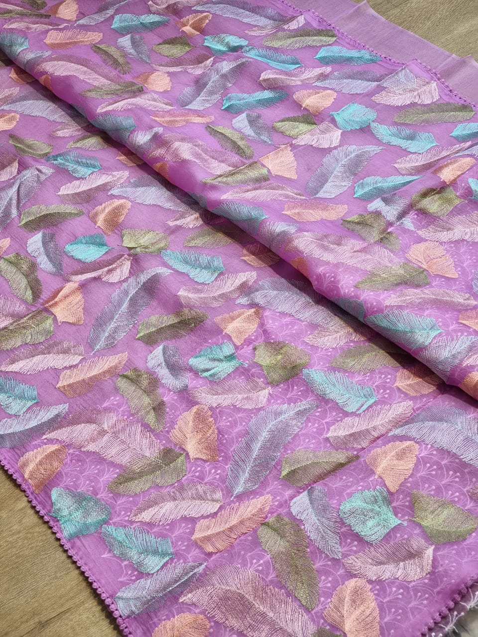 Pure Organza Silk Leaf Embroidery saree with crochet lace and heavy blouse - Resham Wala