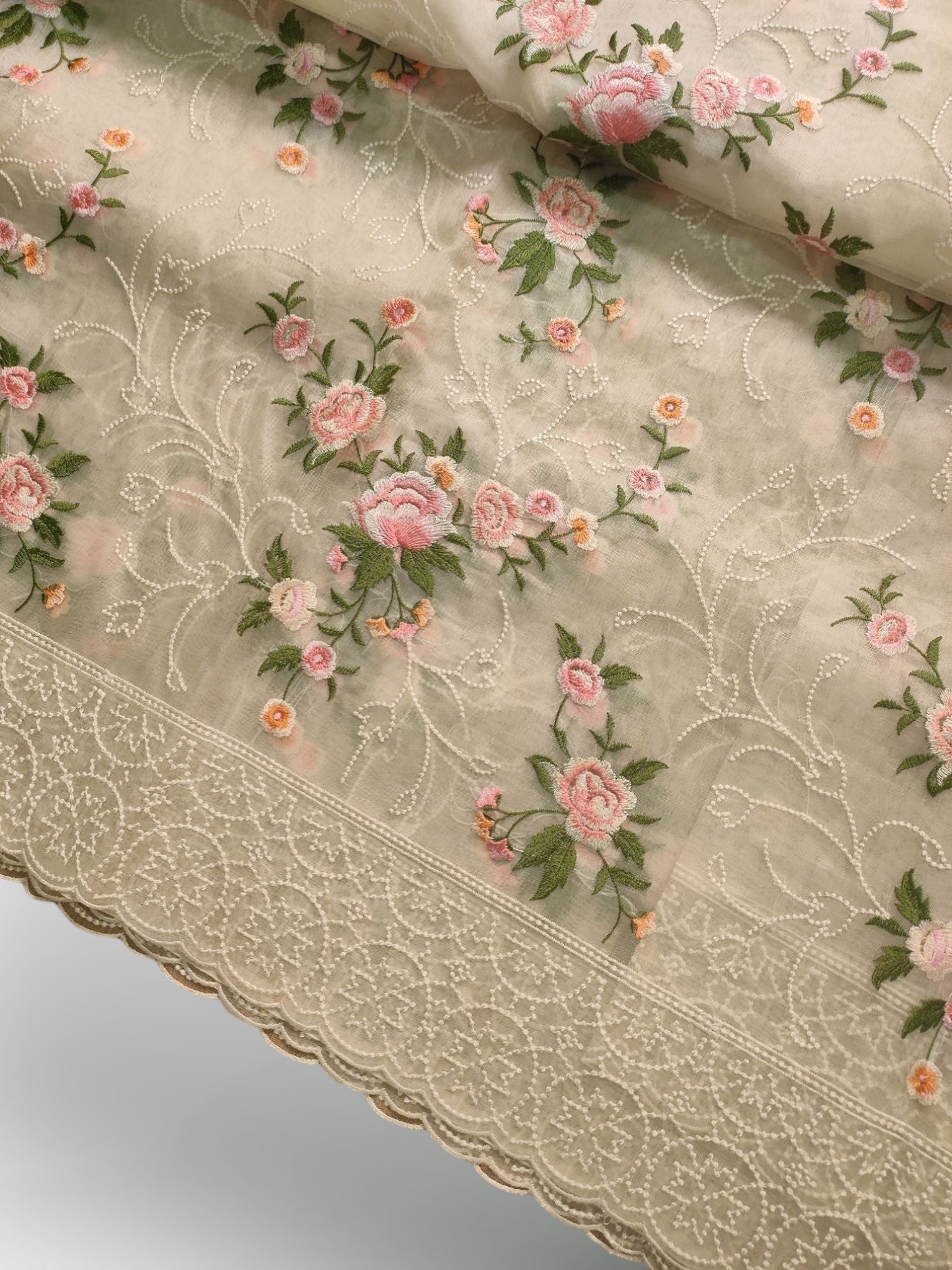 Pure Organza Silk multi floral Embroidery with Petit Point Work border with scallop edging - Resham Wala