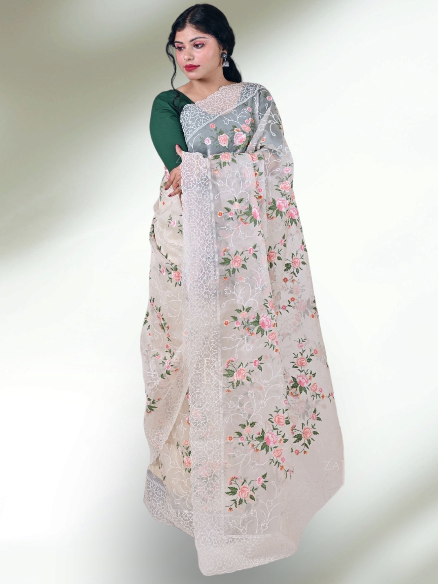 Pure Organza Silk multi floral Embroidery with Petit Point Work border with scallop edging - Resham Wala