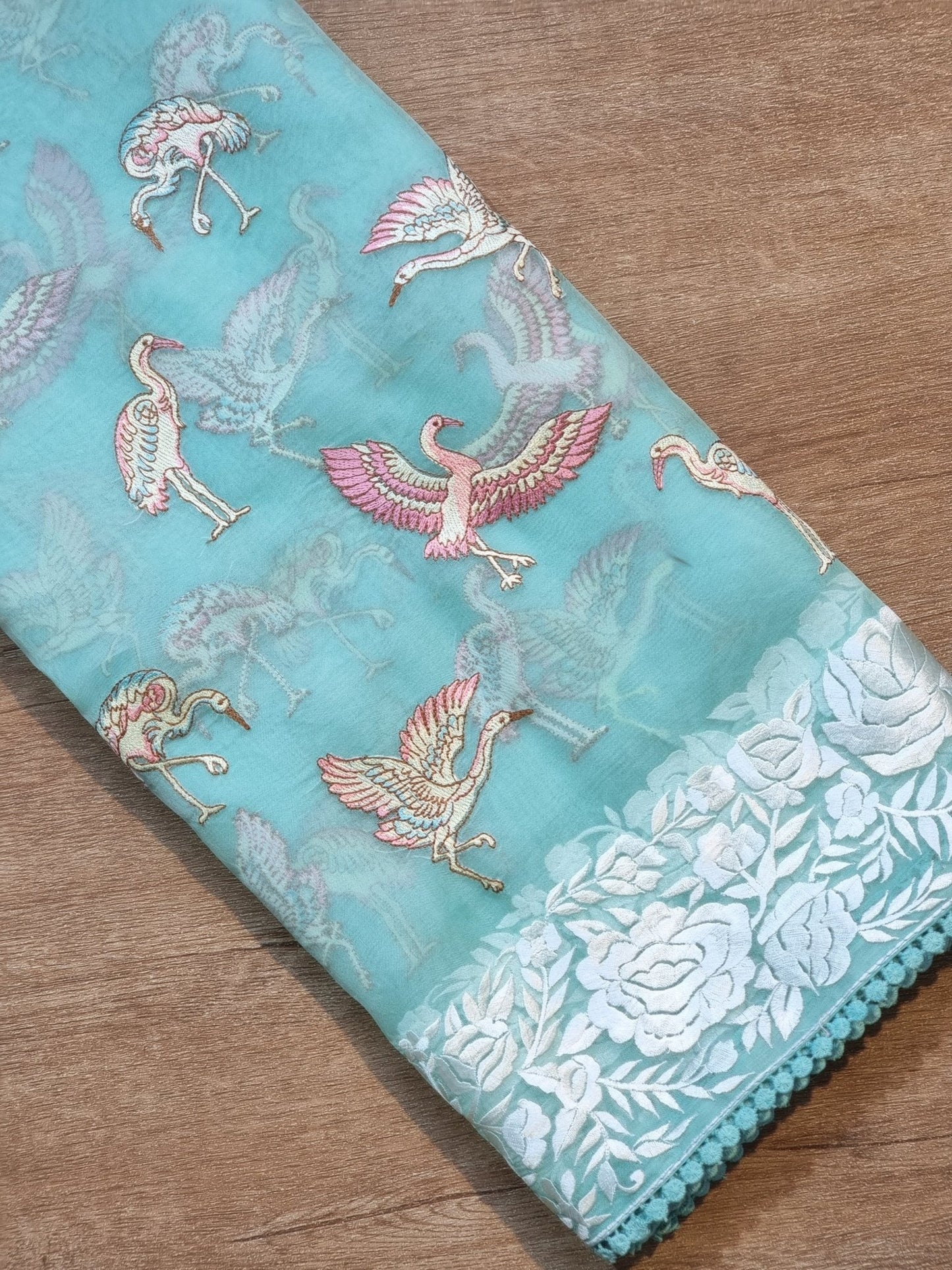 Pure Organza Silk Parsi Border Flamingo Saree - Seagreen shade