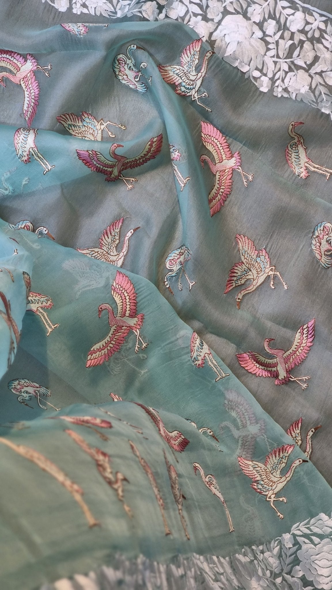 Pure Organza Silk Parsi Border Flamingo Saree - draped side view