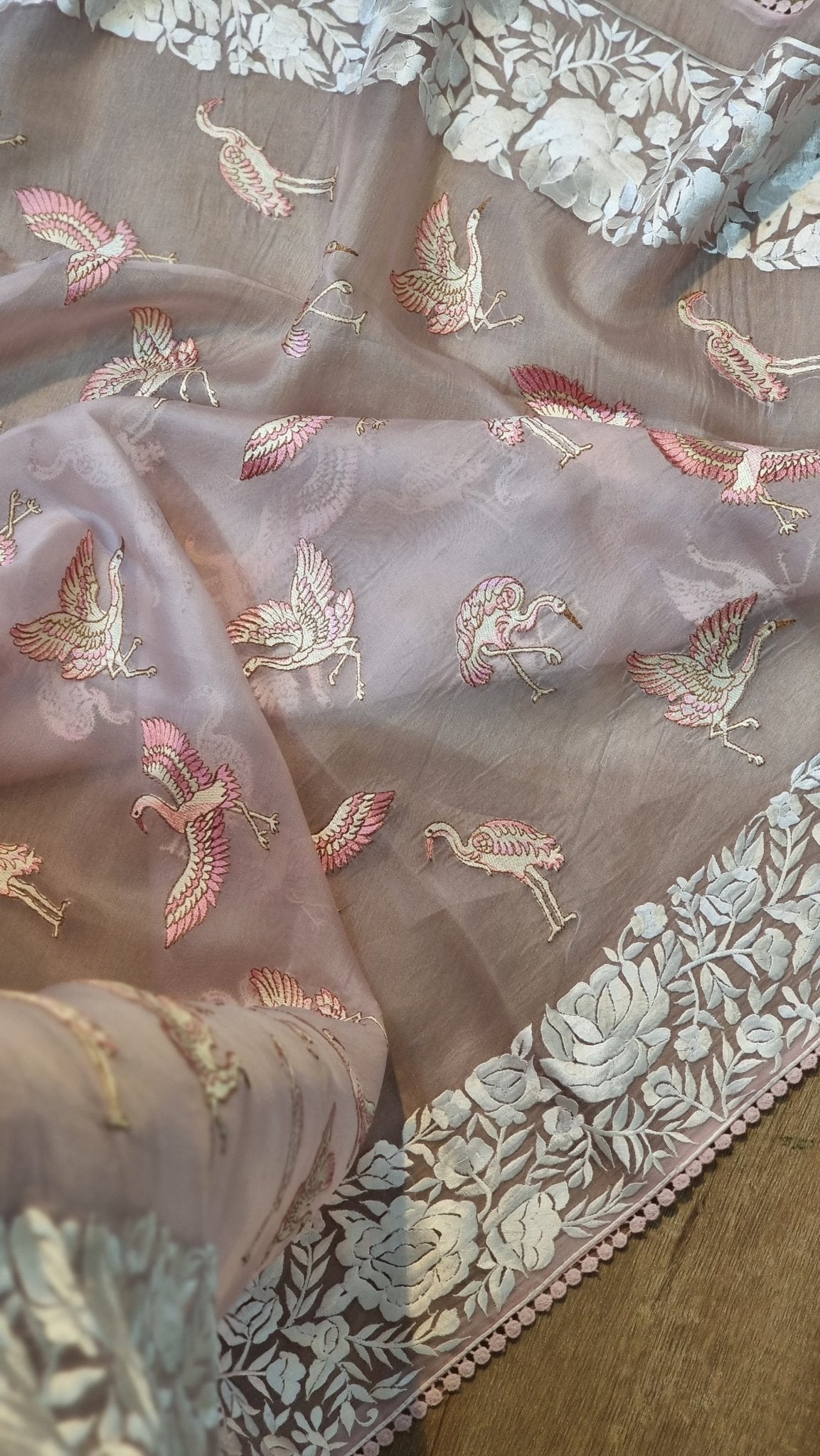 Pure Organza Silk Parsi Border Flamingo Saree - blouse sleeve detail